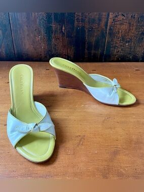 Cole Haan White Leather & Lime Green Wedge Mules